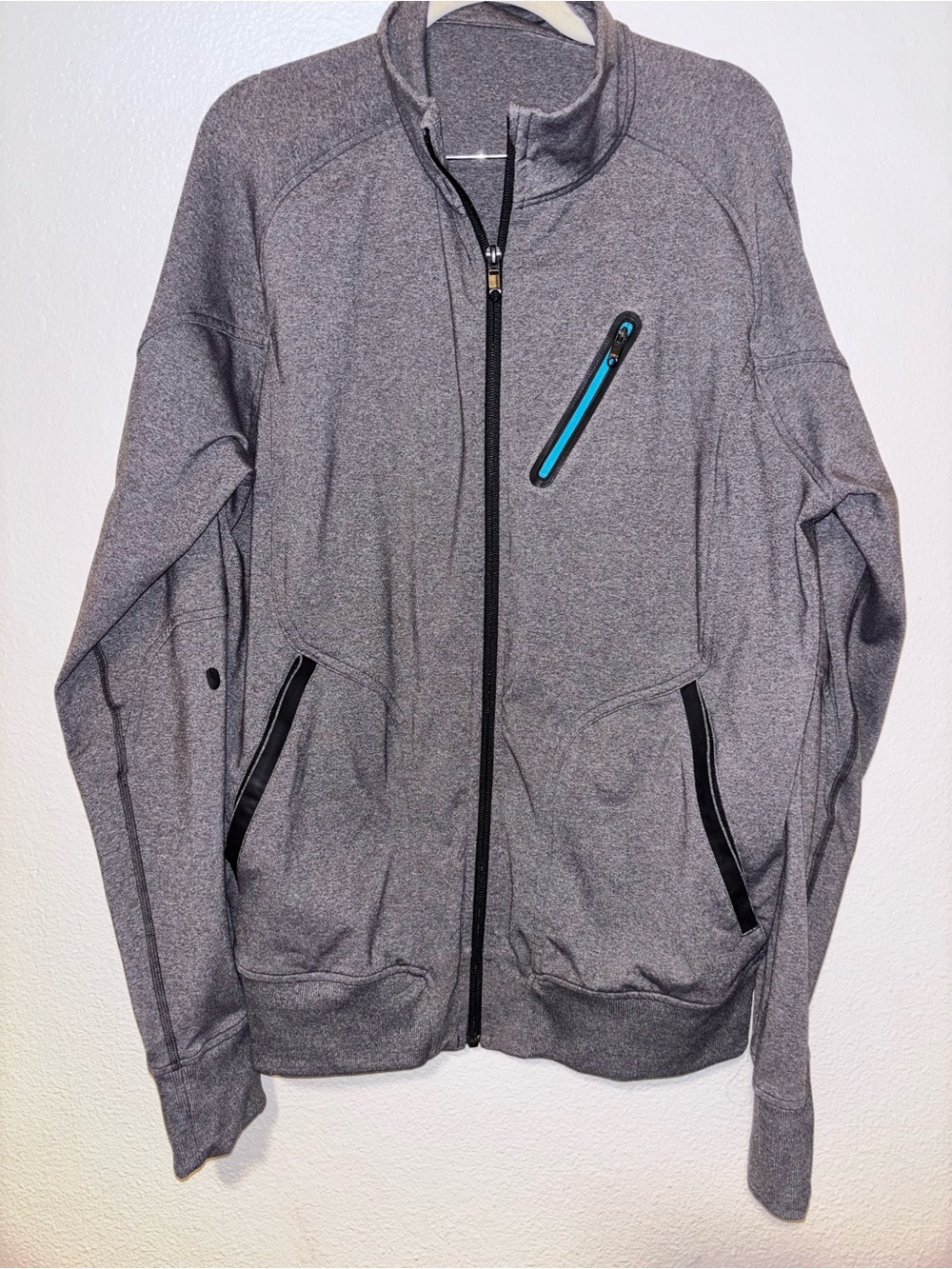 Lululemon Mens Trainer Soot Gray & Blue Full Zip Stretch Track Jacket Sz L